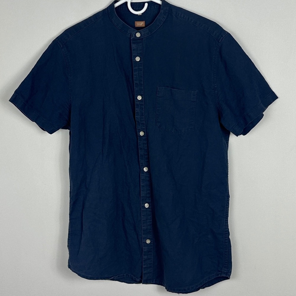 Common People Linen Blend Collarless Short Sleeve Shirt Mens Sz Medium Navy Blue